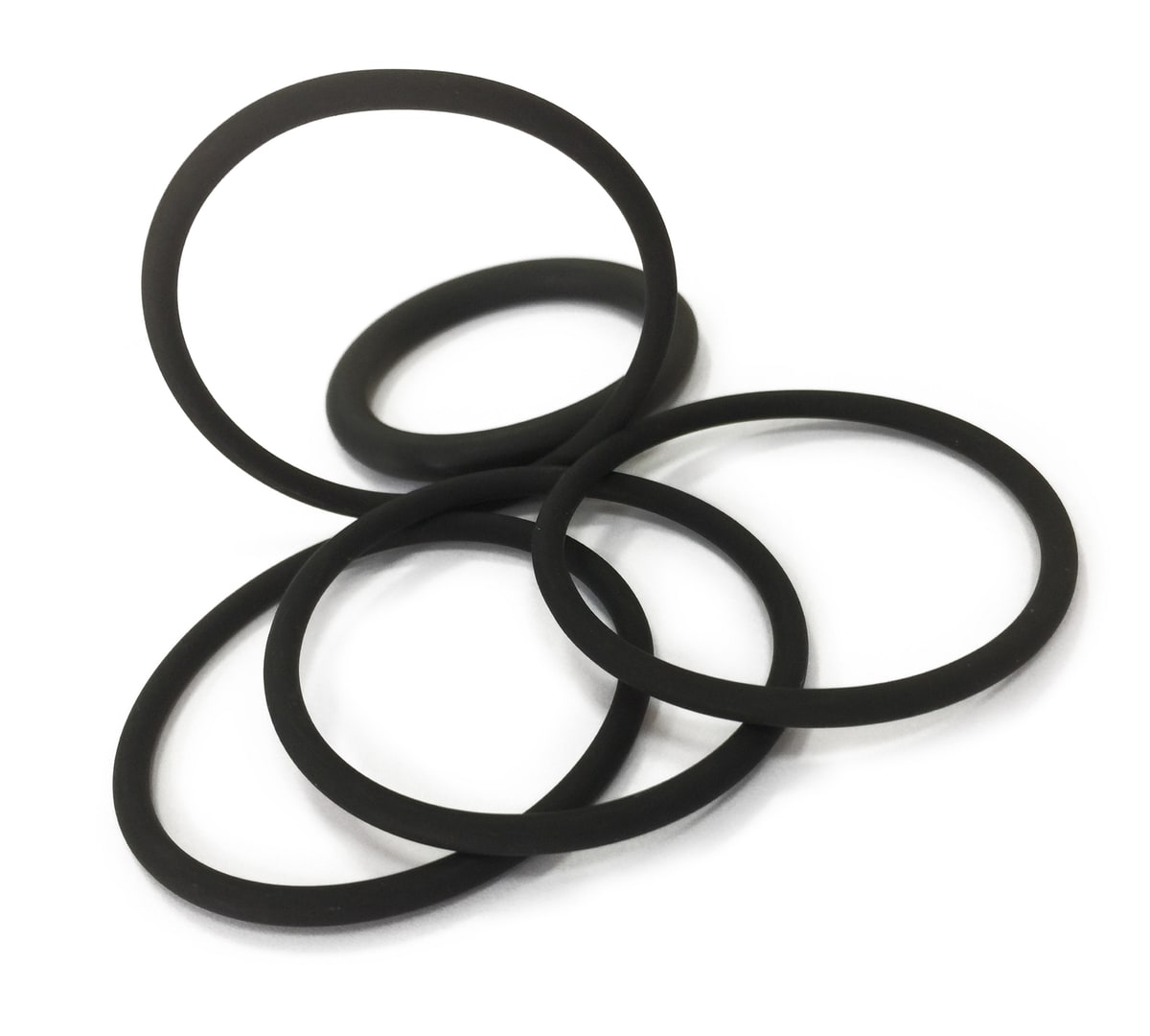 Five black FFKM O-rings on a white background