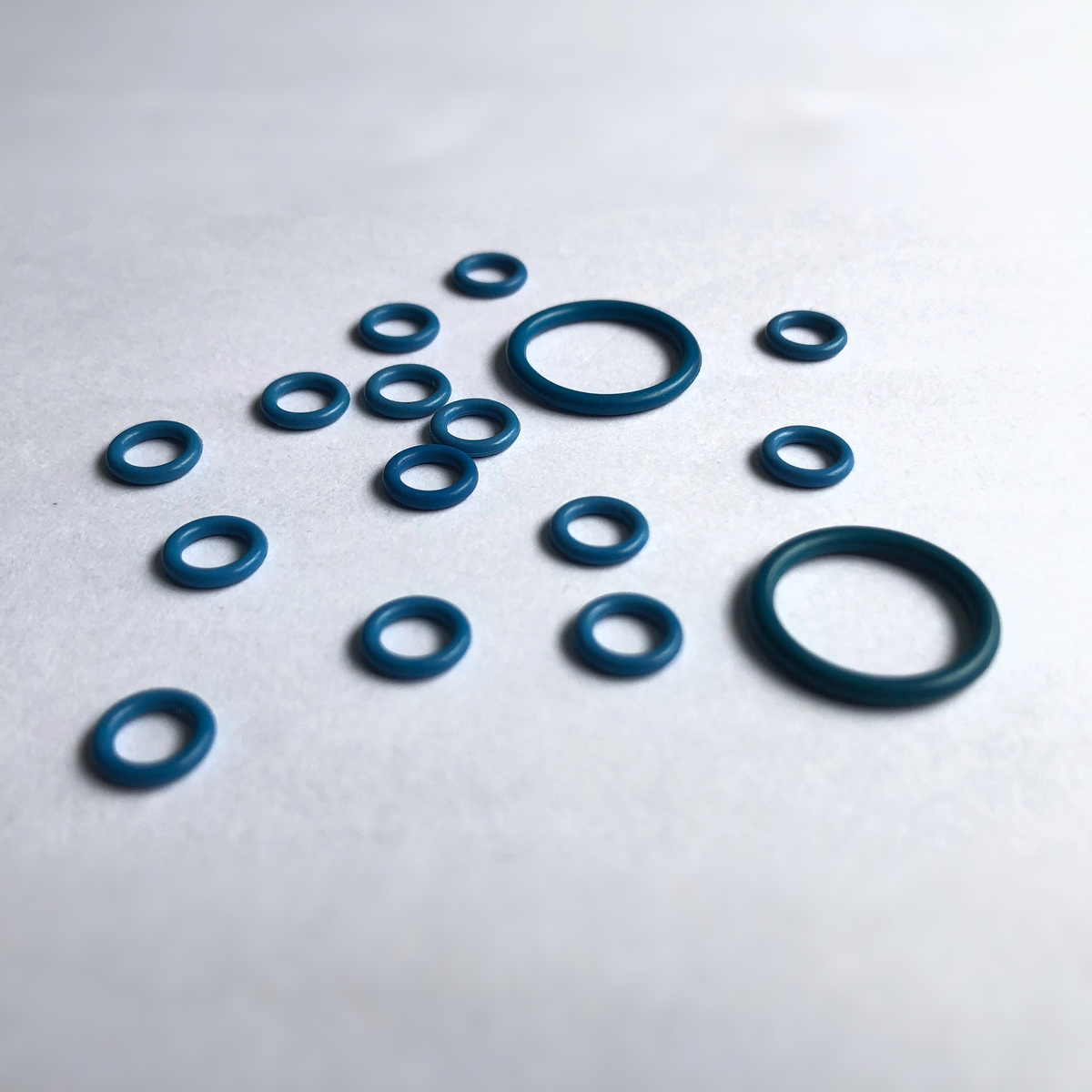 Sixteen blue FVMQ (fluorosilicone) O-rings in assorted sizes