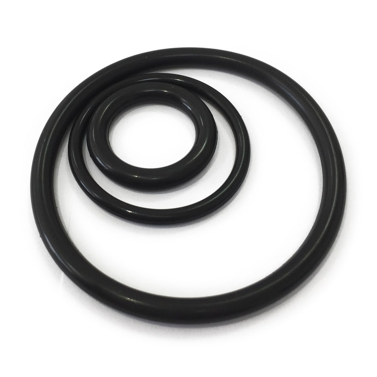Three black HNBR O-rings in different sizes arranged on a white background